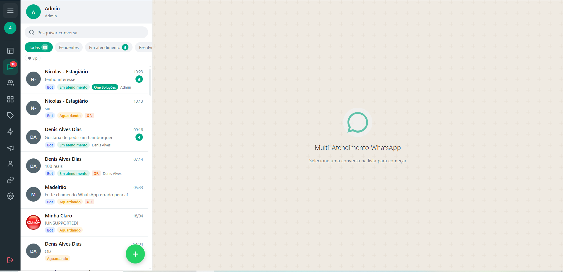 Tela principal do SaaS WhatsApp da One Soluções